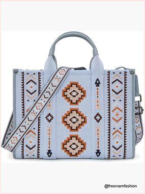 Western Aztec Tote Handbag with Adjustable Strap, Zipper Closure